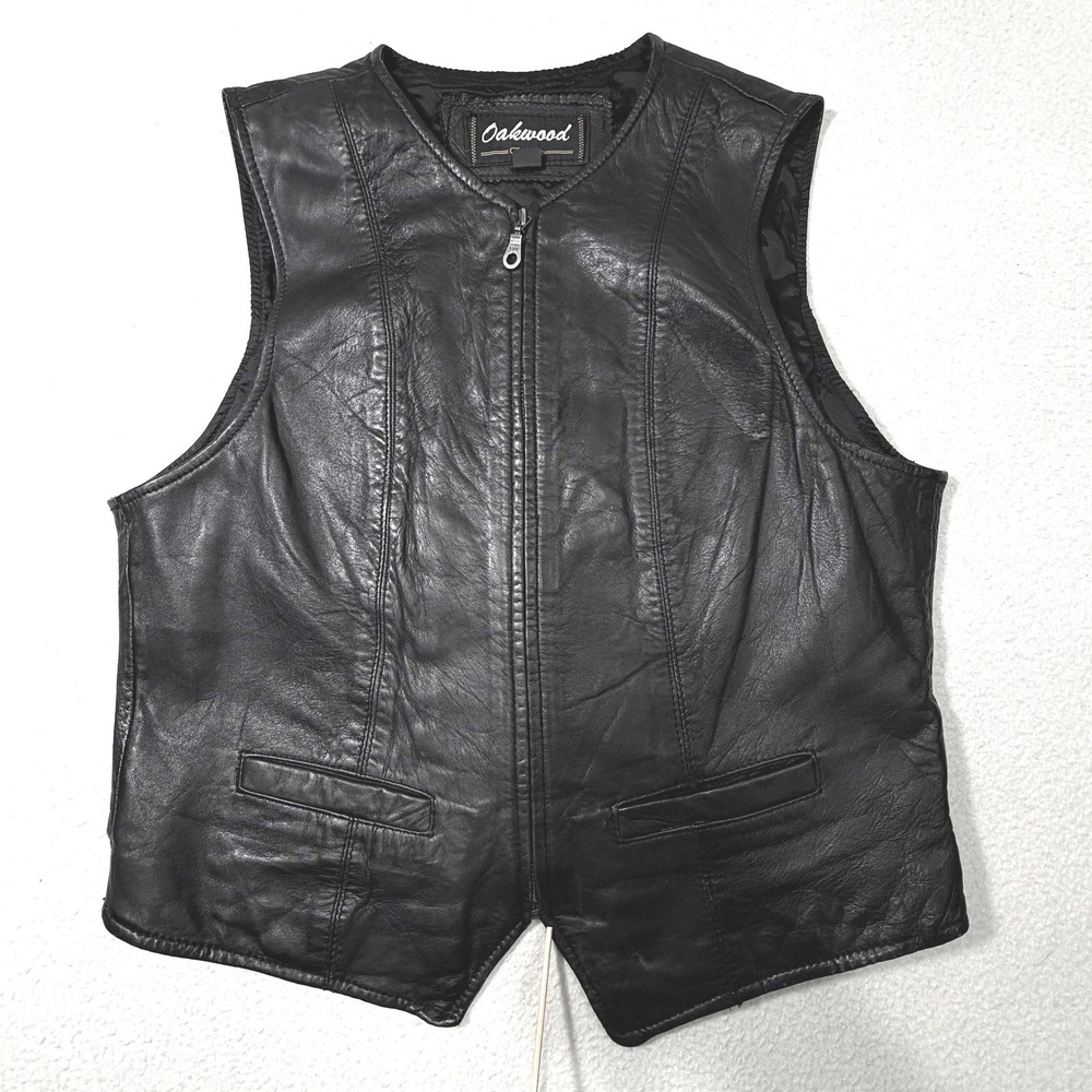 Vtg Oakwood Classic Leather Riding Vest Womens‎ L Black Zip Front Biker Western